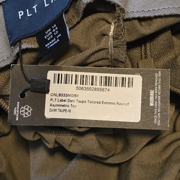 PLT Label Dark Taupe Tailored Extreme Ruched Asymmetric Top Size 12 - Picture 10 of 16